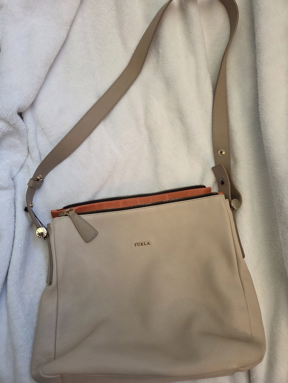 Authentic Furla Tan Leather Shoulder Bag Multi Zip Crossbody Purse